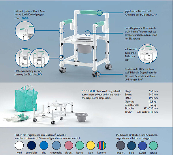 Masse und Ausstattung des zerlegbaren Toilettenstuhls SCC 250 R